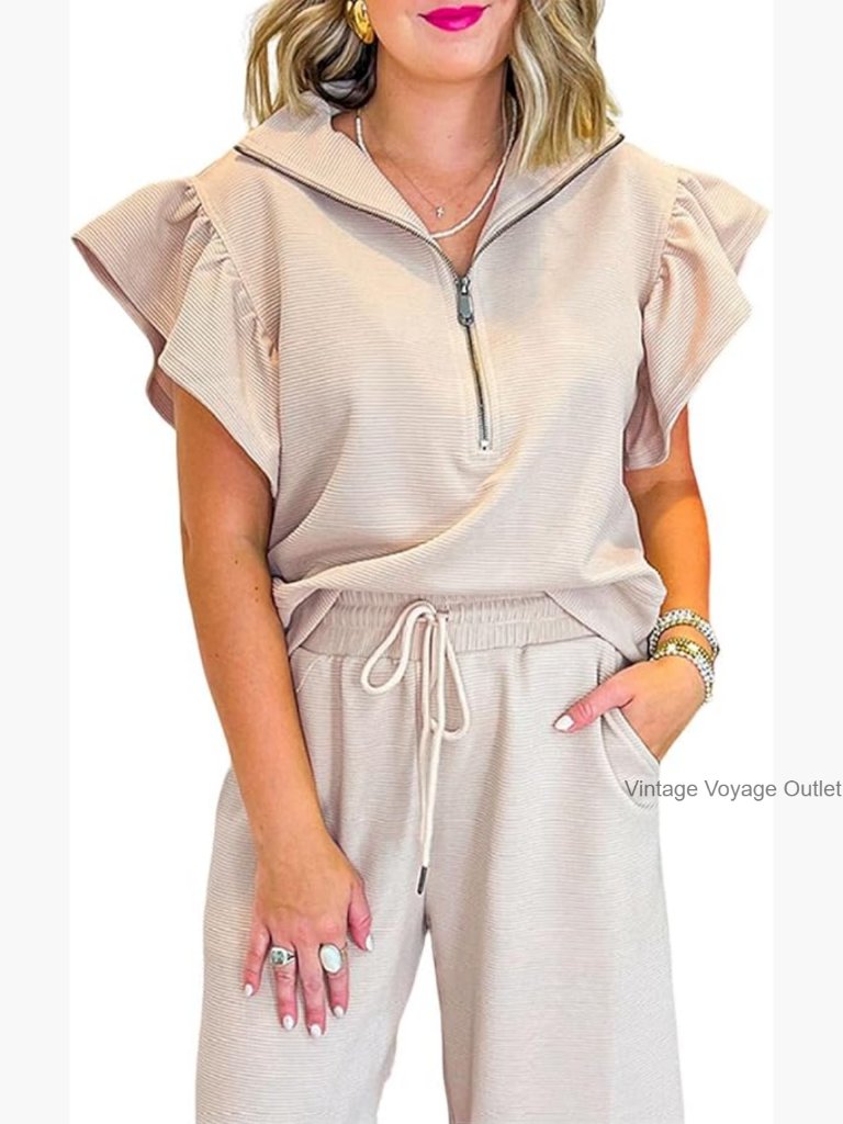 Two Piece Sets For Women Summer Outfits Ruffle Cap Sleeve Zip Top Wide Leg